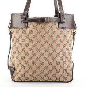 Rare Authentic Gucci GG Canvas And Leather Vertical Buckle Tote